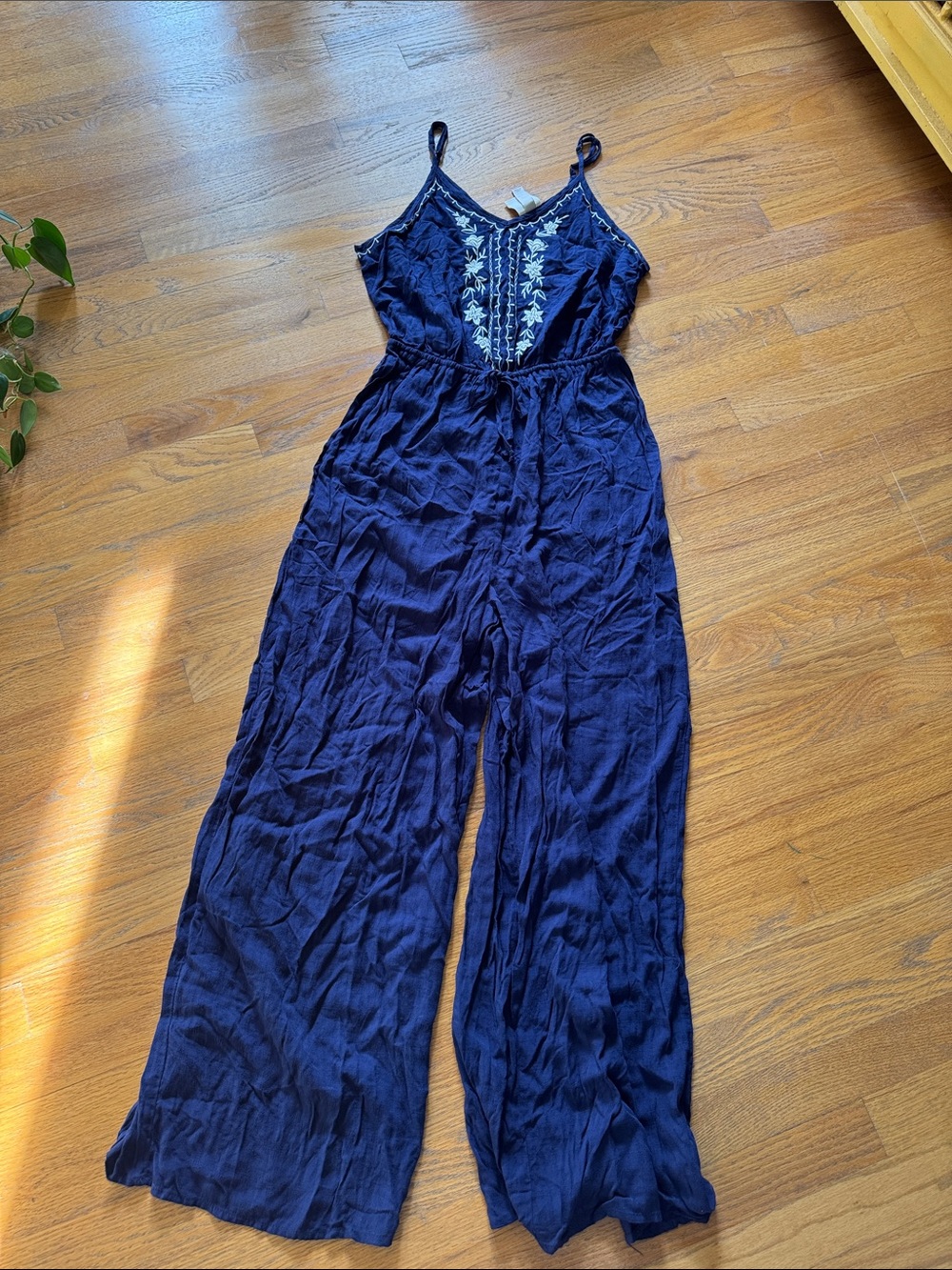 Knox Rose Navy Embroidered Spaghetti-Strap Jumpsuit